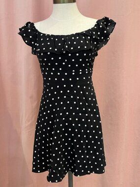 Zara Black White Polka Dot Off Shoulder Mini Dress Size S Smocked Ruffle Tie Wai